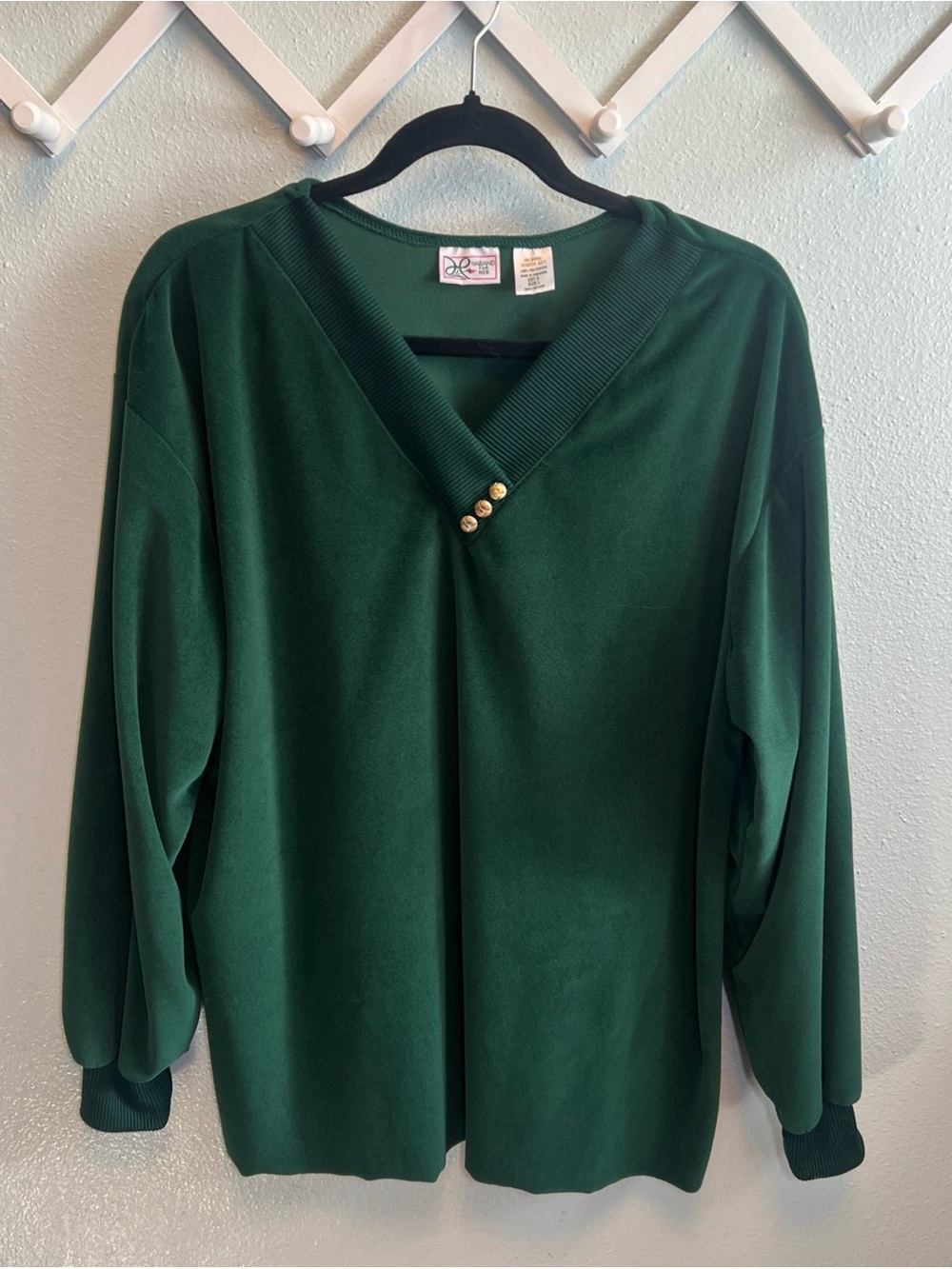 Haband For Her V-Neck Long Sleeve Shirt Green Velour Vtg Singapore Women’s L